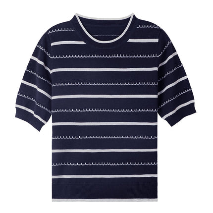 Summer New Stripesd Knitted Short-Sleeved Round Neck Loose Pullover T-Shirt Andy Velvet Women's Top Drop Shipping