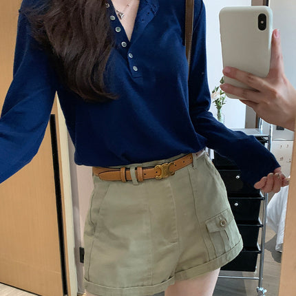 Elegant Slimming Button Design Long Sleeve T-Shirt for Women Early Spring Slim Fit Casual Base Layer Top