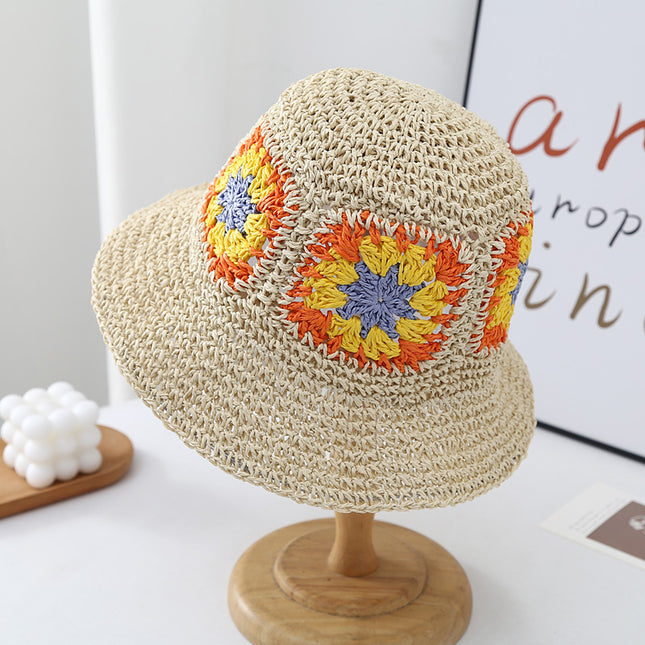 Trendy Floral Woven Straw Hat Summer Sun Protection Sunshade Fisherman Hat Foldable Wide Brim Face-Slimming Beach Vacation