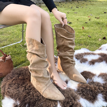 Pleated Slouch Boots for Women 2025 New British Style Chunky Heel Trendy Street Slip-On Boots Over-The-Knee Comfortable Mid-Calf Boots