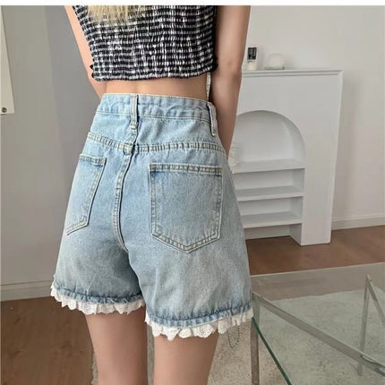 Designed Lace High-Waisted Denim Shorts for Women, Summer Thin Hot Pants, Loose Wide-Leg Pants, Summer Hot Pants