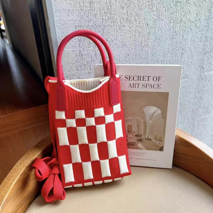 Mini Checkerboard Knitted Shoulder Crossbody Bag Handbag for Women Niche Design Phone Bag Phone Crossbody Handbag