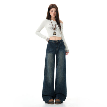 Washed Straight-Leg Jeans for Women, Autumn New American Design, Loose Fit, Slimming, Drapey, Floor-Length Wide-Leg Pants