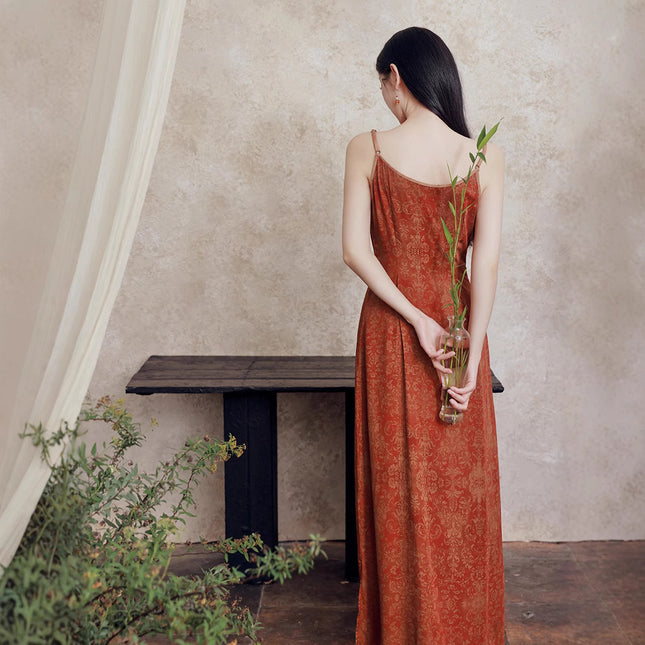 ycfs1621 New Chinese Style National Style Retro Orange Summer Elegant Simple Long Slip Skirt Cardigan Two-Piece Set