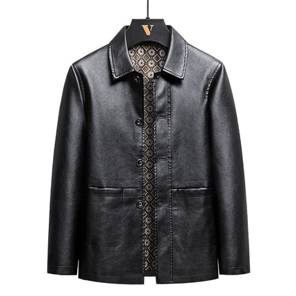 Leather coat men's autumn and winter New dad wear business casual lapel high-grade light mature style middle-aged leather suit jacket