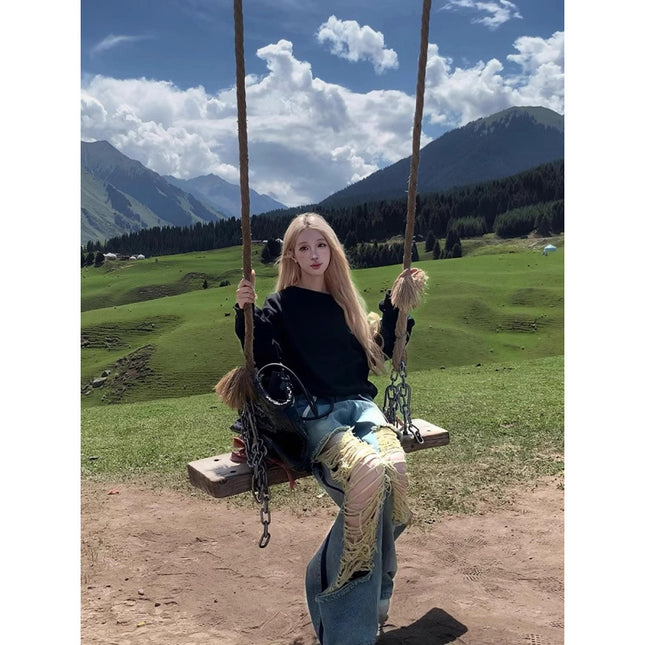 American-style Ripped Mop Jeans Loose Design Retro Hot Girl Blue Lazy Straight Pants for Women