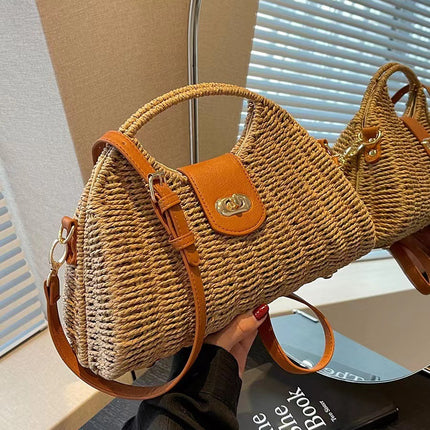One Piece Hair Woven Bag Women's Bamboo Woven Bag Rattan Woven Bag Seaside Beach Portable Large Capacity Crossbody Bag Tote Bag