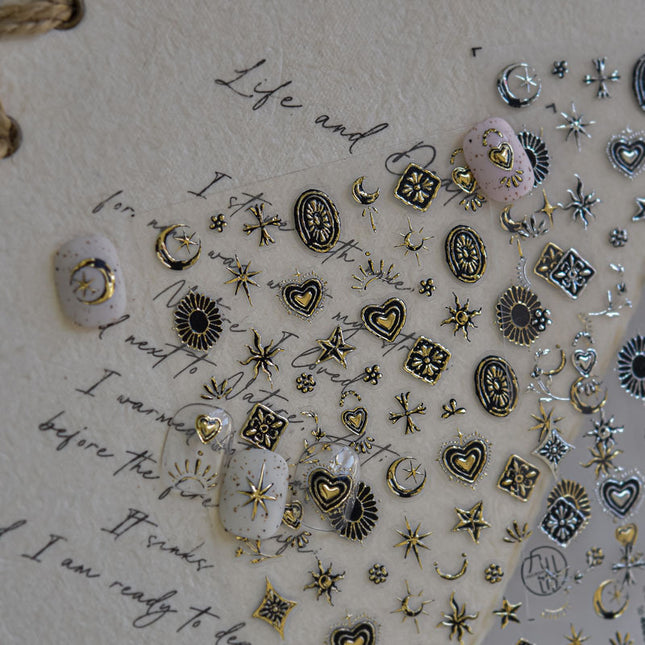 Metal Star and Moon Nail Art Stickers Embossed New 3D Stereo Popular Ins Gold and Silver Punk Nail Sticker Decorations