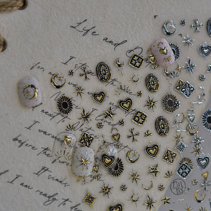 Metal Star and Moon Nail Art Stickers Embossed New 3D Stereo Popular Ins Gold and Silver Punk Nail Sticker Decorations