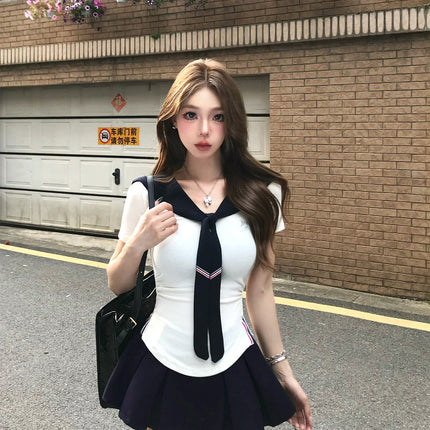 College Style Sexy Suit for Women Summer New T-Shirt Top Pleated Skirt Two-Piece Set for Small People