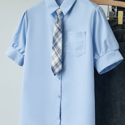 Short-sleeved Shirt Women's Summer Age-reducing College Japanese Girls JK Tie Shirt light blue Mid-length Fashion Top