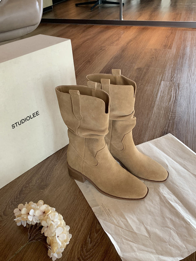 Cowhide Version ~ Slim Knight Boots 2025 New V-Mouth Thick Heel Heightening Slimming Large Tube Short Boots Women's Boots