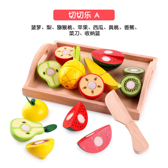 Wooden Children's Play-house Simulation Fruit and Vegetable Cutting Music Baby Kitchen Cutting Watch Game Vegetable in stock