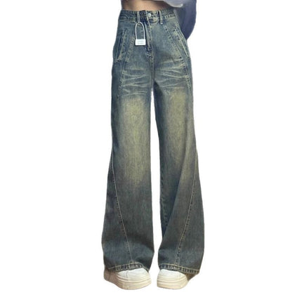 Plus Size Cement Gray Distressed Wide-Leg Jeans for Women, Trendy Versatile High-Waisted Loose Slimming Straight-Leg Designer Pants