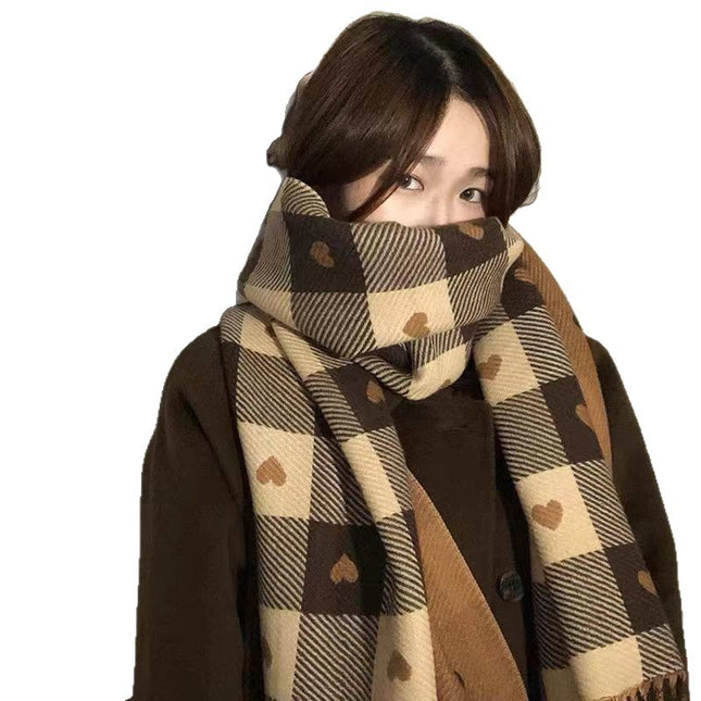 Autumn and Winter Scarf for Women, Double-Sided Plaid Heart Fashion Korean Version Trendy Versatile Thickened Dual-Use Neck Warmer Shawl Harajuku Style