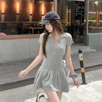 Grey Polo Neck Short-sleeved dress Women's Summer Slim-fit Tight Waisted Short Skirt Small Hot Girl Slim A- line Skirt