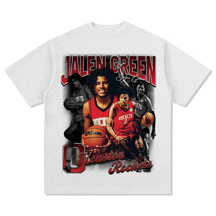 Jalen Green American Printed Long-Sleeved Short-Sleeved T-Shirt Washed and Distressed Heavy Loose Men's Clothing