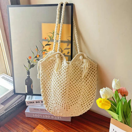 New Style Cotton Straw Woven Bag Women's Bag Tassel Hand Woven Bag Large Capacity Tote Bag Holiday Beach Bag for Women