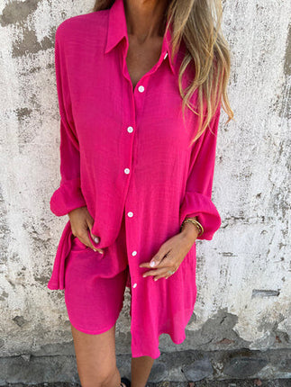 2025 cross-border Europe and America Amazon new women's casual solid color cotton and linen shorts long sleeve wrinkled cloth shirt two-piece set
