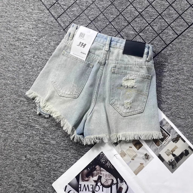 Plus Size Light-Colored Frayed Ripped Denim Shorts for Women, Summer Hot Girl A-Line Hot Pants, High-Waisted Washed Wide-Leg Pants Ins