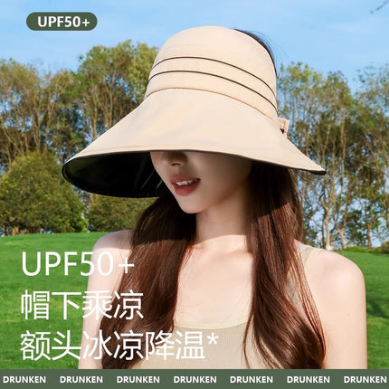 Hat Women's 2025 Summer Popular Large Brim Vinyl Half-Hollow Top Sun Hat Can Tie Ponytail Outdoor Sun Protection Sun Hat