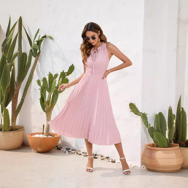 Amazon Cross-Border Lace-Up High-Waist Pleated Fur Ball Dress Sleeveless Summer Dress Casual Vacation Travel Dress