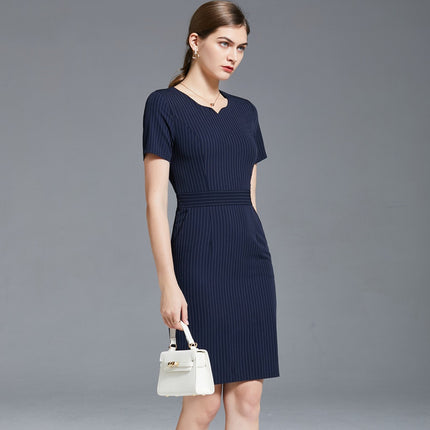 European and American foreign trade summer short-sleeved blue striped hip professional dress beauty salon jewelry store overalls