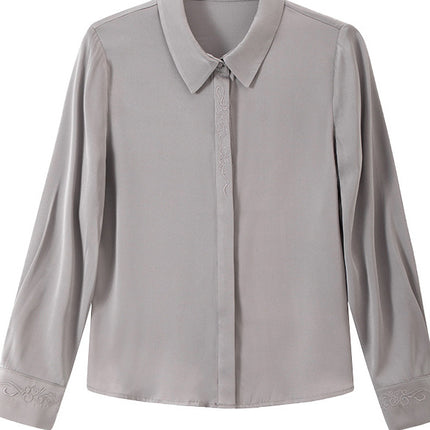 2026 Spring and Autumn Women's Silk Shirt, Solid Color, Turn-Down Collar, Long Sleeve, Real Silk Blouse, Office Professional Top