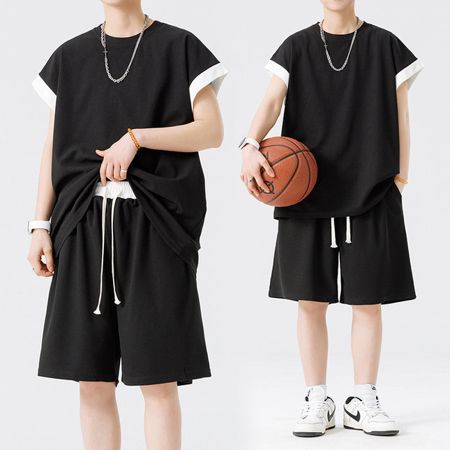 Set of Ice Silk Short-Sleeved T-Shirts and Shorts, Two-Piece Set for Teenagers, Trendy Men's Clothing, Boys' Casual Suits