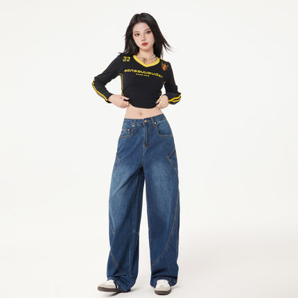 Bumi House# American Retro Design Sense Big Pocket Machete Jeans Women's Spring New Stitching Wide Leg Pants