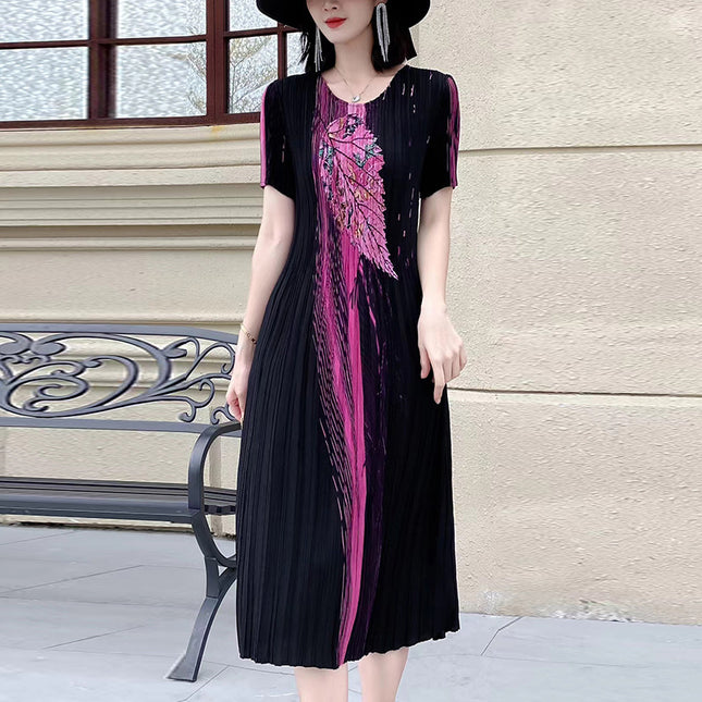 Miyake pleated 2025 summer new temperament round neck printed pleated skirt fashion waist thin magic dress
