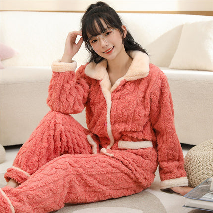 Autumn and Winter pajamas men's thickened fleece-lined warm coral fleece cartoon junior high school student home wear suit