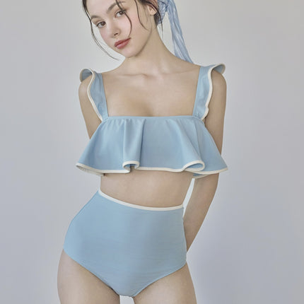 Swimsuit Women's Suspender Blue Split Bikini Small Breasts High Waist Conservative High-End Hot Spring 2025 New Style