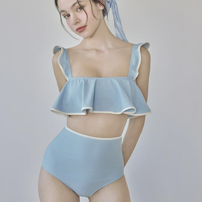 Swimsuit Women's Suspender Blue Split Bikini Small Breasts High Waist Conservative High-End Hot Spring 2025 New Style
