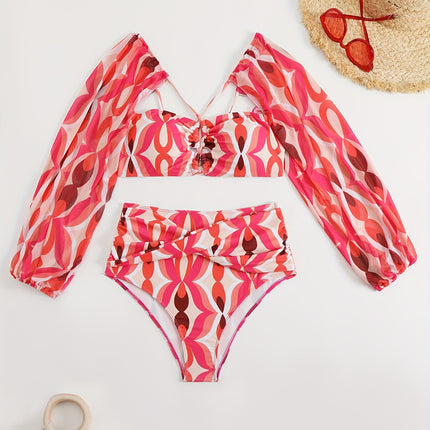 New European and American Amazon Cross-Border Sexy Bikini Swimsuit for Women with Printed Long Sleeves, Two-Piece Beach Swimwear Set