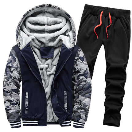 Foreign trade fleece-lined sweater suit men's thickened warm cardigan two-piece set autumn and winter sports casual hooded men's clothing