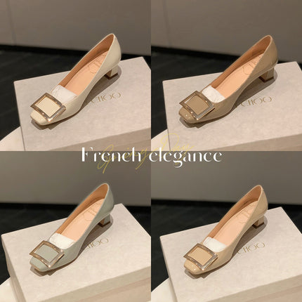 In-Stock Sheepskin Version ~ Grape Mom's Same Style Square Buckle Square Toe Shallow High Heels Women's Spring Chunky Heel Flat Commuting Shoes