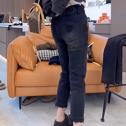 Autumn New High Waist Retro Stretch Straight Jeans plus size Styliky All-match Slim-fit Rouge Cropped Pipe Pants