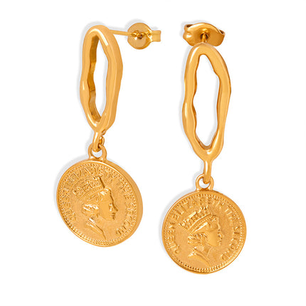 Cross-border European and American Fashion Figure Coin Roman Earrings Court Retro Personality Round Brand Stainless Steel Earrings Jewelry Women