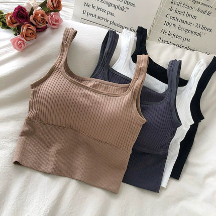 Summer Crop Top Women Seamless Square Collar Wide Straps Tank Top Knitted Striped Camisole Solid Corset Top Female