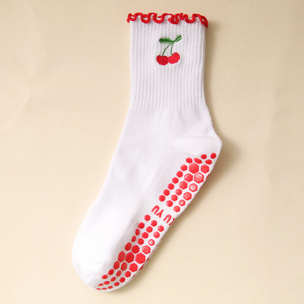Yoga socks ladies mid-tube socks dispensing non-slip agaric lace cherry embroidery professional training running Pilates
