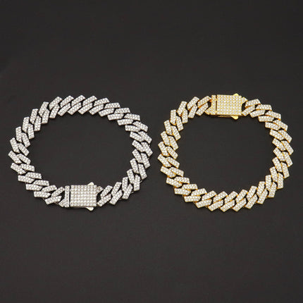 Full Diamond Encryption Cuban Chain Hip-Hop Necklace European and American Cross-border TEMU Trendy Spring Buckle Neck Chain Accessories