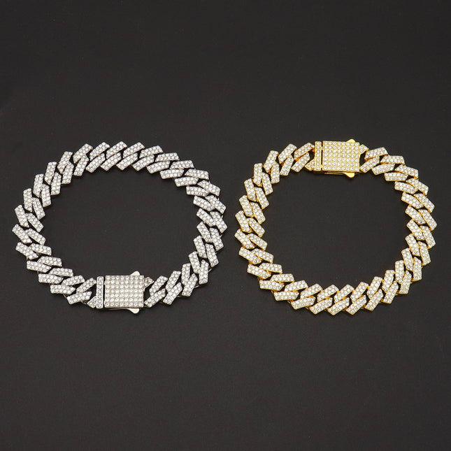 Full Diamond Encryption Cuban Chain Hip-Hop Necklace European and American Cross-border TEMU Trendy Spring Buckle Neck Chain Accessories