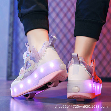 Autumn New Girls' Sports Shoes, Roller Shoes, Double-Wheel Roller Shoes, Rotating Buckle Children's Flashing Light Roller Skates, Girls' Shoes