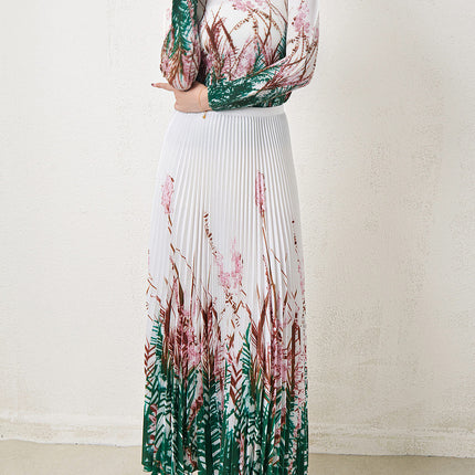 Miyake Stretch Print Long-sleeved Top suit Women's European and American Fashion High Waist Draped Skirt Two-piece Set