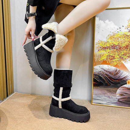 Fur Integrated Snow Boots for Women 2025 New Belt Buckle Thick Heel Thick Sole Fashion Mid-Calf Boots Foldable Two-Wear Women's Boots