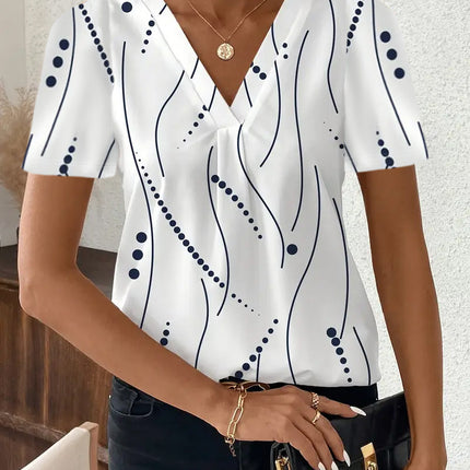 European and American Cross-Border 2025 Summer New Product Amazon Independent Station Temu Fashion Casual Printed V Neck Top T-Shirt Women's Clothing