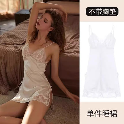 2026 New Sexy High-End Dress, Ice Silk Nightgown, Lace Dress with Straps, V-Neck Nightgown with Chest Pads