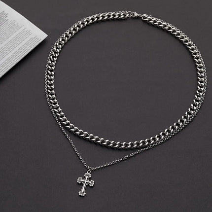 Cross Double-Layer Cuban Necklace Men's Trendy Accessible Luxury Versatile Accessories 2023 New Clavicle Chain Hip-Hop Trendy Jewelry