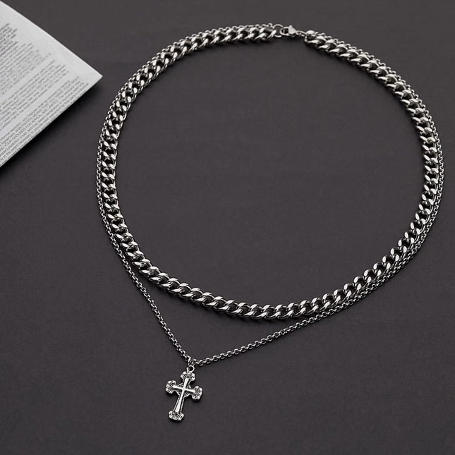 Cross Double-Layer Cuban Necklace Men's Trendy Accessible Luxury Versatile Accessories 2023 New Clavicle Chain Hip-Hop Trendy Jewelry